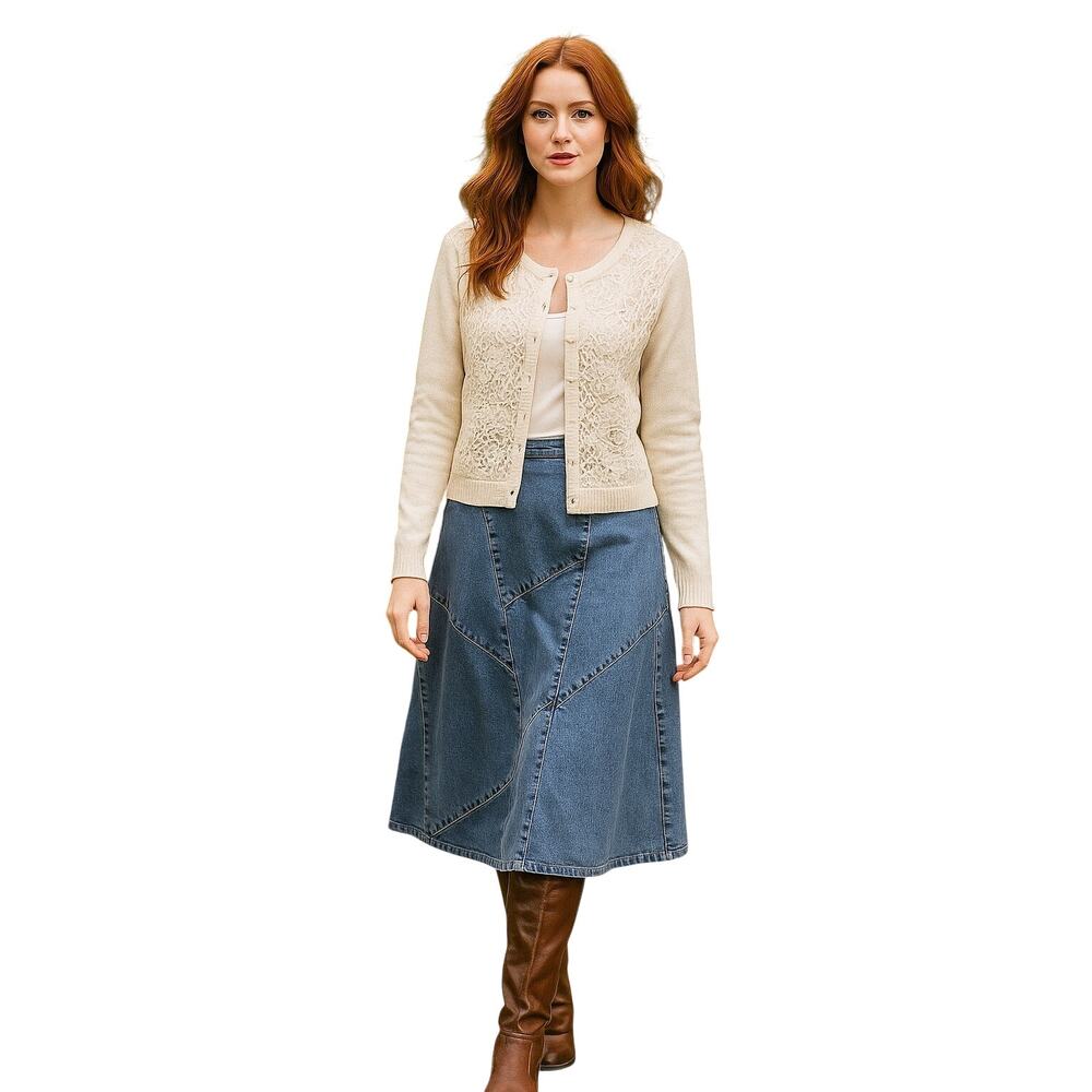 J. Jill Lace Front Cardigan Sweater Cream Knit Medium Romantic Boho crochet